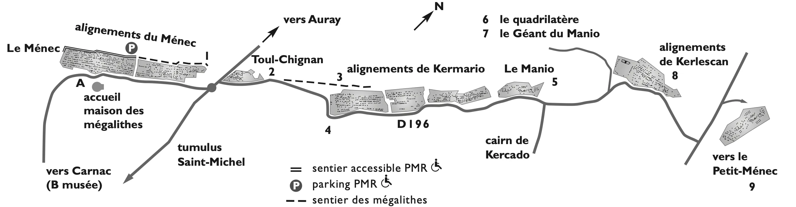 Map of the Carnac alignments, 6 parks