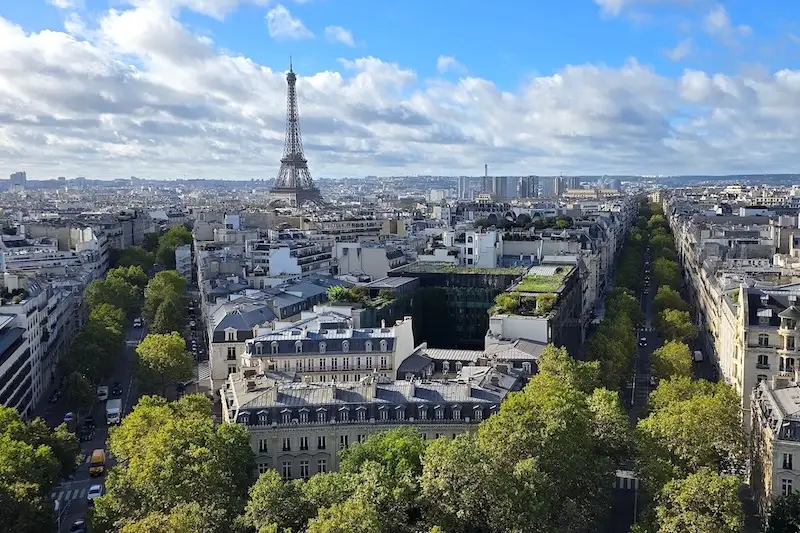 Arc de Triomphe in Paris upper level View of the Eiffel Tower from the Arc de Triomphe in Paris