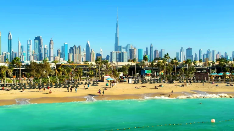 View of Dubai from the beach, with the Burj Khalifa in the background