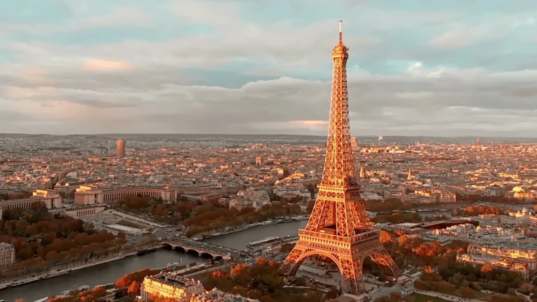 Paris' Eiffel Tower seen from the sky at sunset